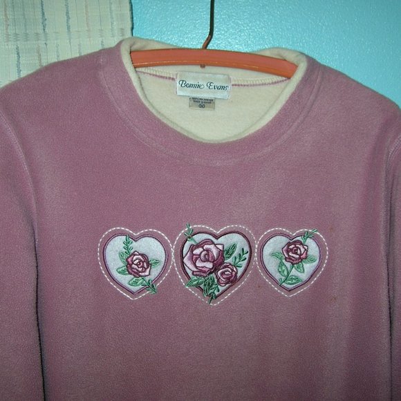 FLEECE PULL OVER TOP BLOUSE SHIRT w/Embroidery Bonnie Evans Medium Pink H - Picture 3 of 5
